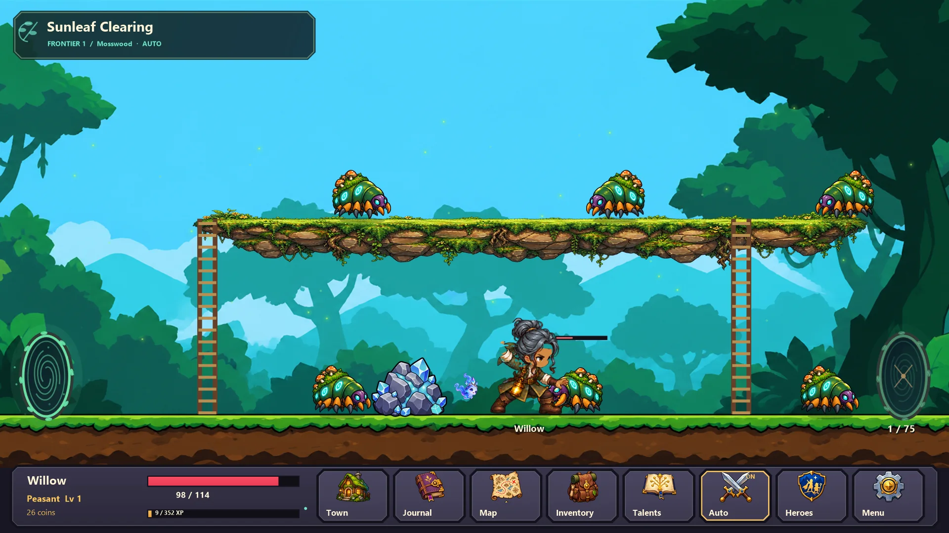 Customized traveler and Lantern Wisp in Sunleaf Clearing combat field, with enemies and platforms
