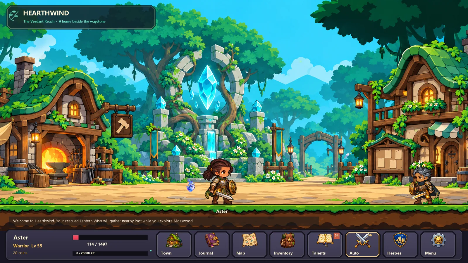 Hearthwind village with a central glowing waystone, Forge and forest roads